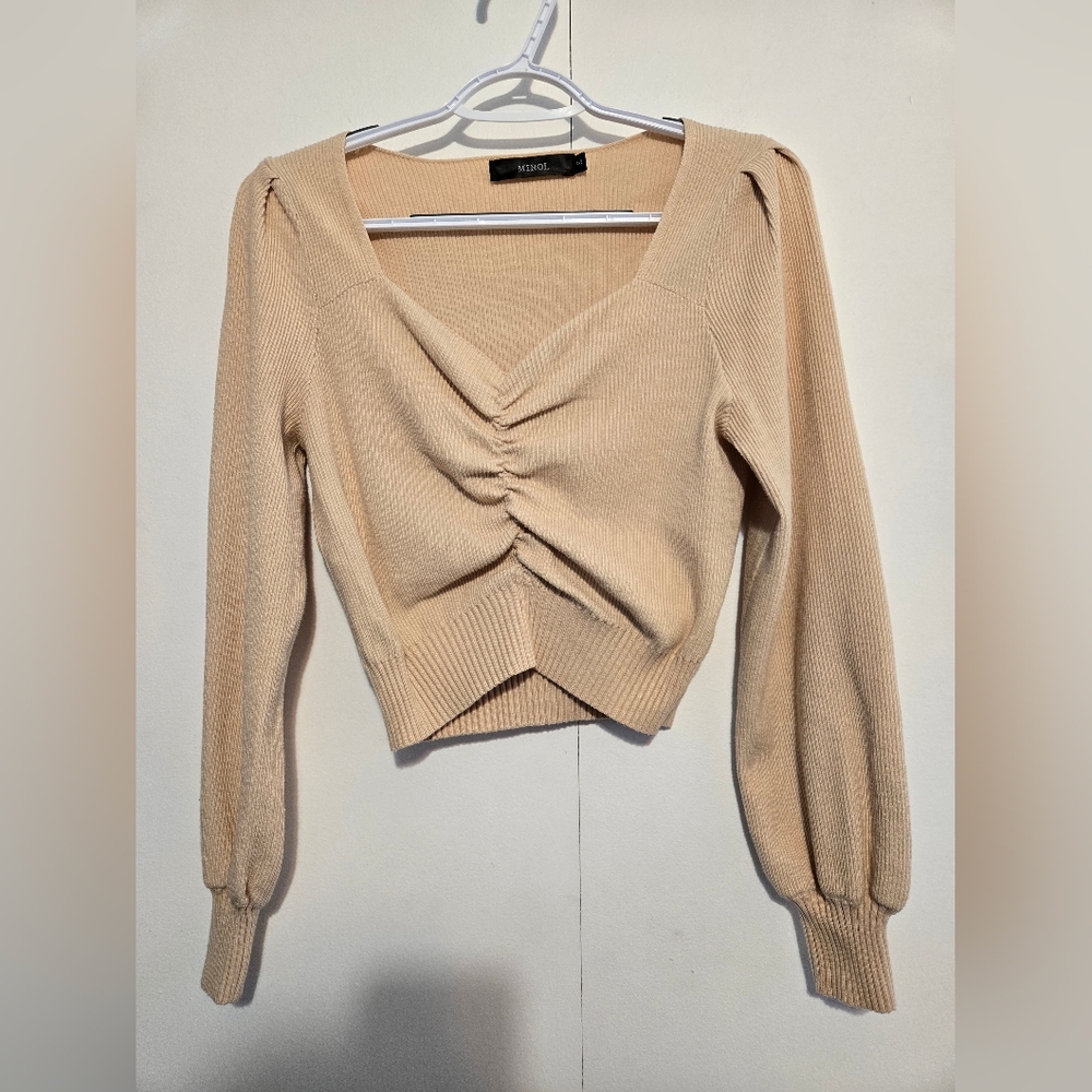 MiroL Ruched Crop Top Beige Long Sleeve Knit V Neck Fitted Sweater Small